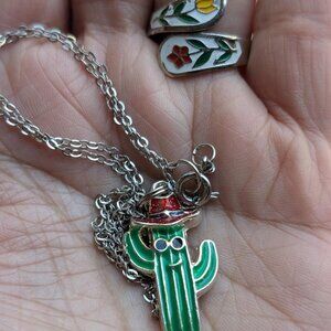 Cute Vintage & Rare Cactus Enameled Pendant Necklace & Enameled Floral Ring